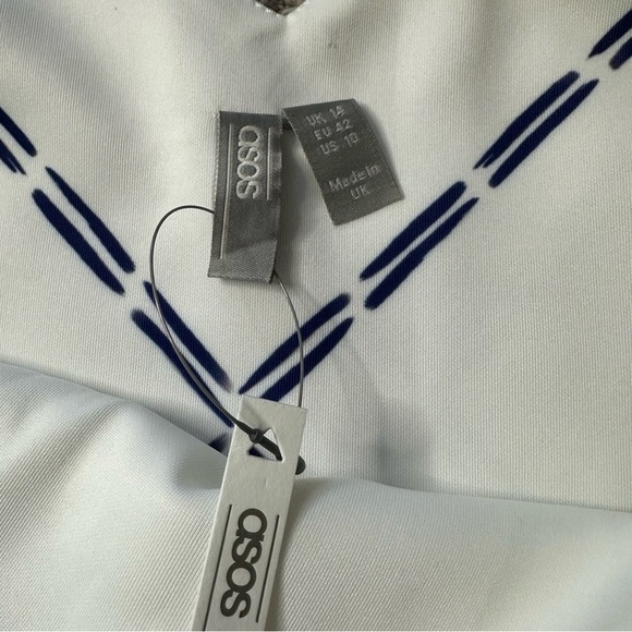 🎆 ASOS wrap mini dress sz 10 large blue white summer feminine ruffle spaghetti - Picture 7 of 7